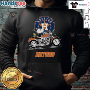 Snoopy and Woodstock driving a motorbike in a Houston Astros hoodie, showcasing playful cartoon style.