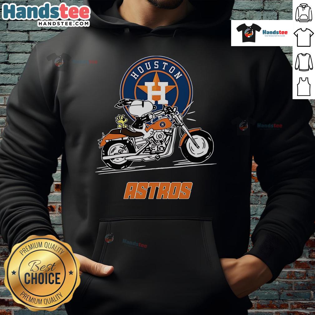 Snoopy and Woodstock driving a motorbike in a Houston Astros hoodie, showcasing playful cartoon style.
