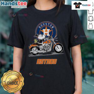 Snoopy and Woodstock driving a motorbike on a Houston Astros ladies tee, perfect for fans and stylish comfort.