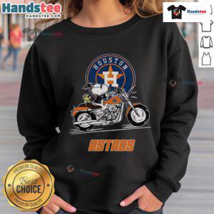 Snoopy and Woodstock driving a motorbike on a Houston Astros sweatshirt, showcasing fun, vibrant design.