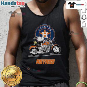 Snoopy and Woodstock riding a motorbike in a Houston Astros tank top, showcasing a fun and playful design.