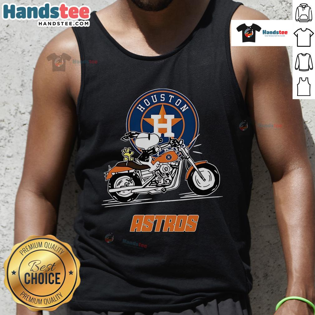 Snoopy and Woodstock riding a motorbike in a Houston Astros tank top, showcasing a fun and playful design.