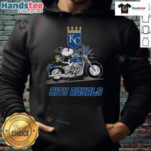 Snoopy and Woodstock riding a motorbike in a Kansas City Royals hoodie, showcasing a fun, vibrant design.