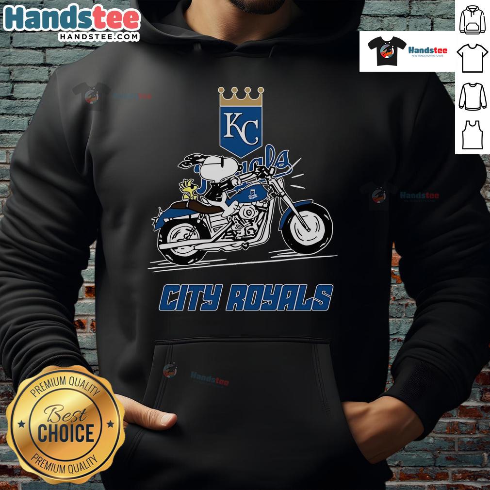 Snoopy and Woodstock riding a motorbike in a Kansas City Royals hoodie, showcasing a fun, vibrant design.