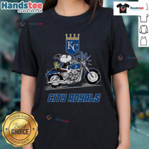 Cute Snoopy and Woodstock riding a motorbike on a Kansas City Royals ladies tee design.
