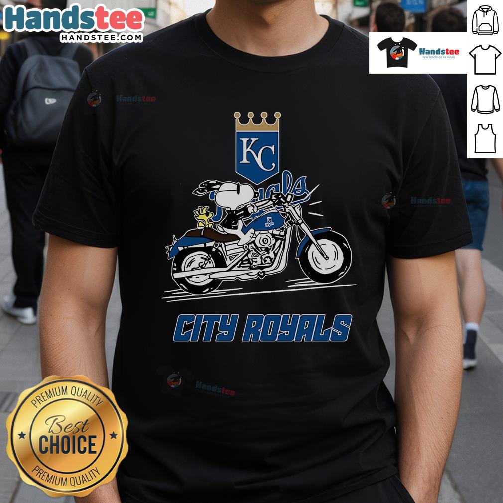 Alt Text: Snoopy and Woodstock riding a motorbike on a Kansas City Royals T-shirt design, perfect for fans and collectors.