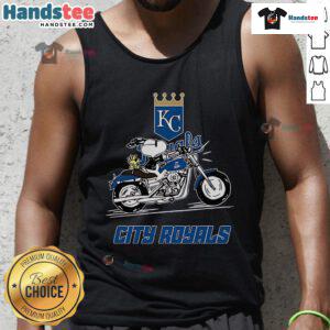 Snoopy and Woodstock ride a motorbike wearing Kansas City Royals tank tops, showcasing a fun summer vibe.