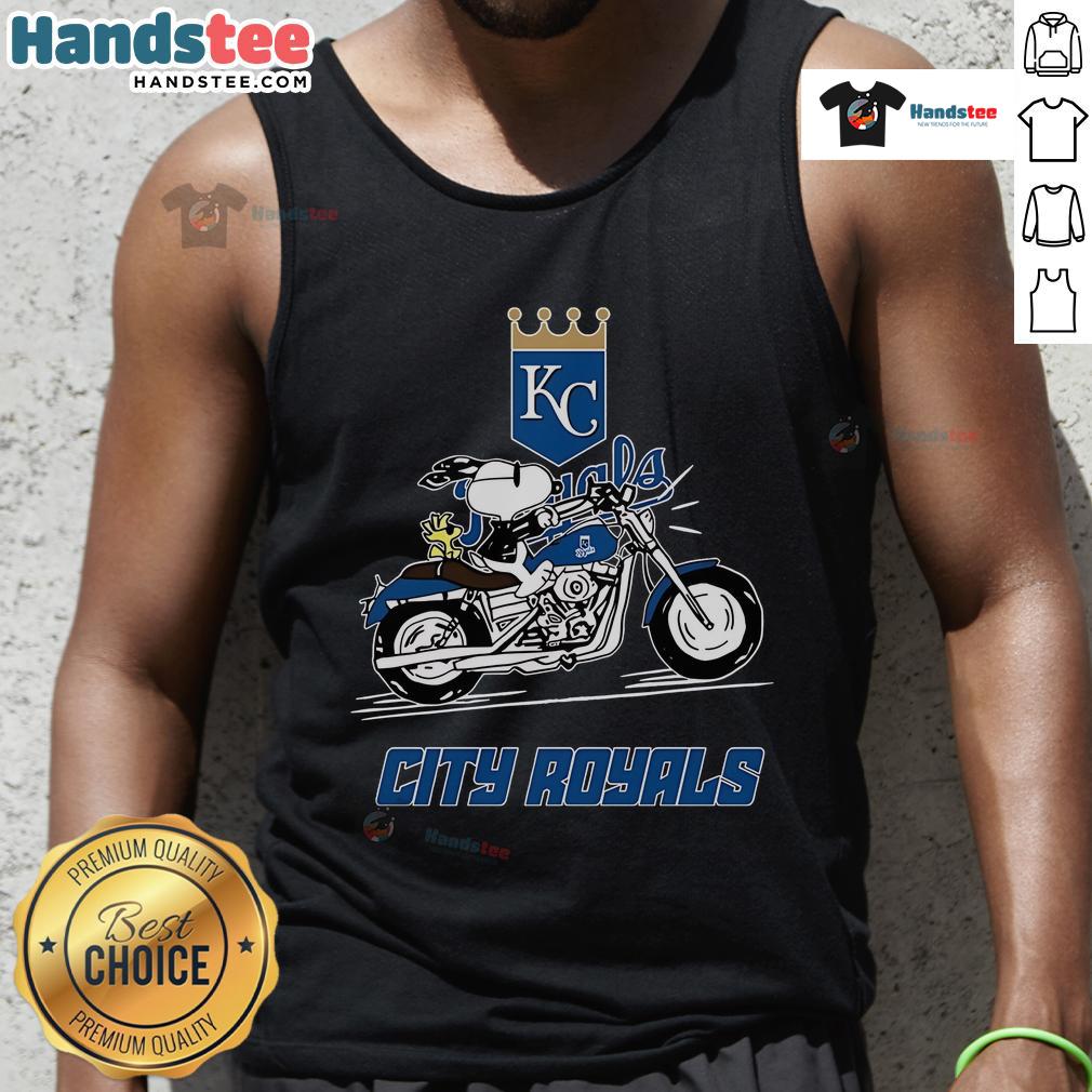 Snoopy and Woodstock ride a motorbike wearing Kansas City Royals tank tops, showcasing a fun summer vibe.