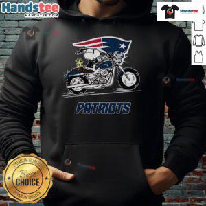Snoopy and Woodstock riding a motorbike in a New England Patriots hoodie, showcasing a fun and playful scene.