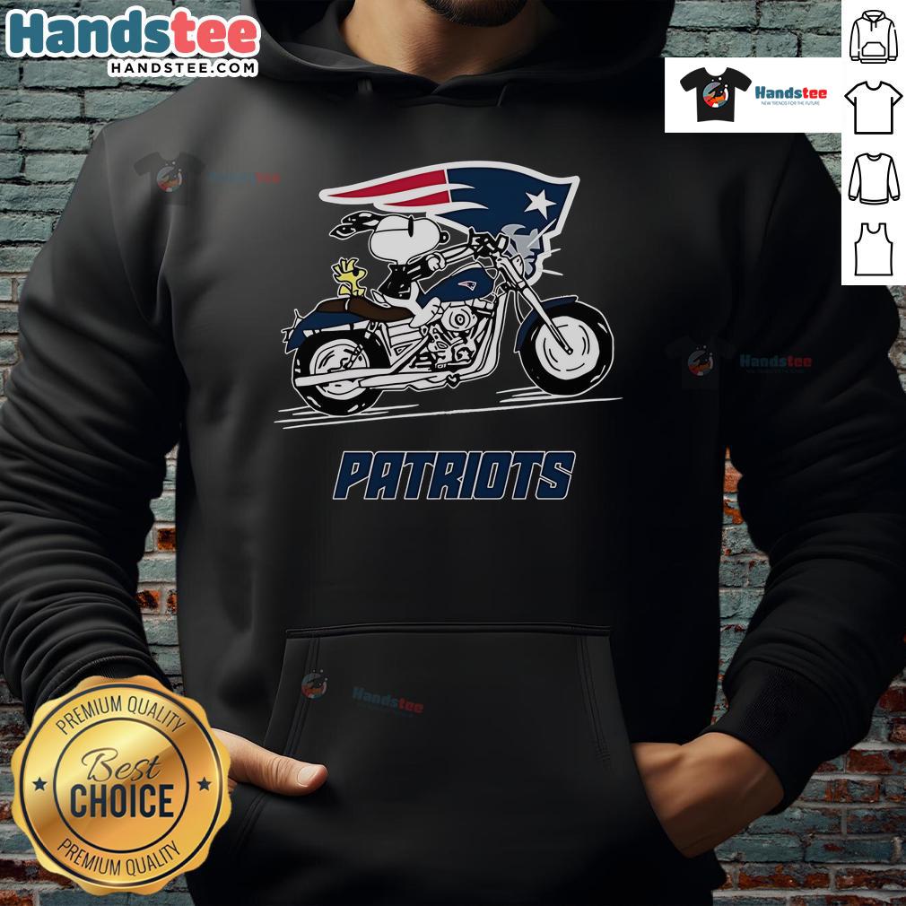 Snoopy and Woodstock riding a motorbike in a New England Patriots hoodie, showcasing a fun and playful scene.