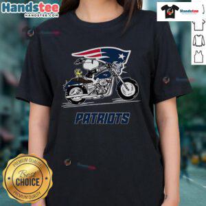 Cute Snoopy and Woodstock riding a motorbike on a New England Patriots ladies tee shirt design.