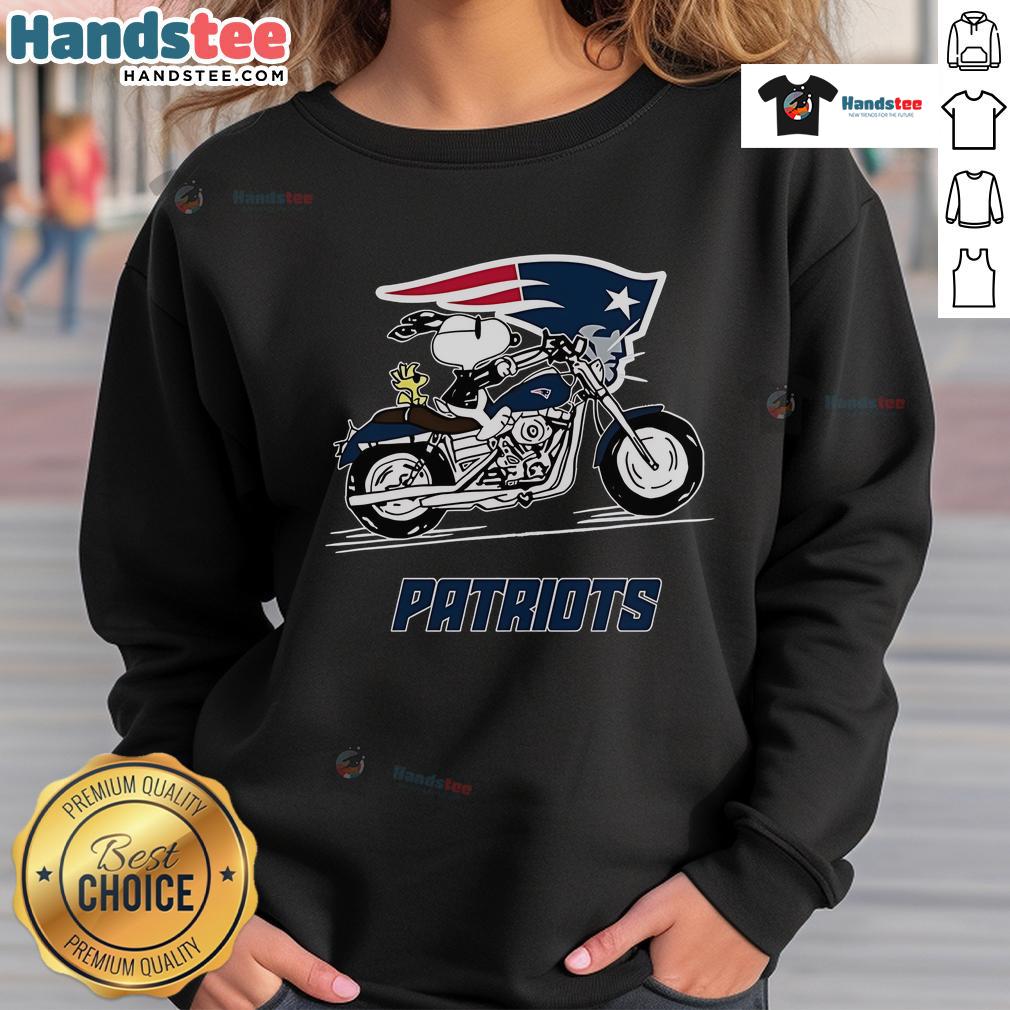 Snoopy and Woodstock driving a motorbike in New England Patriots sweatshirt, showcasing fun character design.