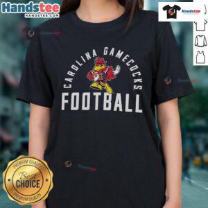 Cheerful South Carolina Gamecocks football mascot Cocky on a ladies tee, perfect for fans and game day attire.