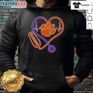 Stylish Clemson Tigers hoodie featuring a stethoscope and heart design, perfect for healthcare fans and college spirit.
