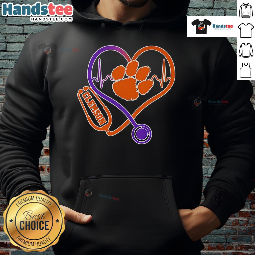Stylish Clemson Tigers hoodie featuring a stethoscope and heart design, perfect for healthcare fans and college spirit.