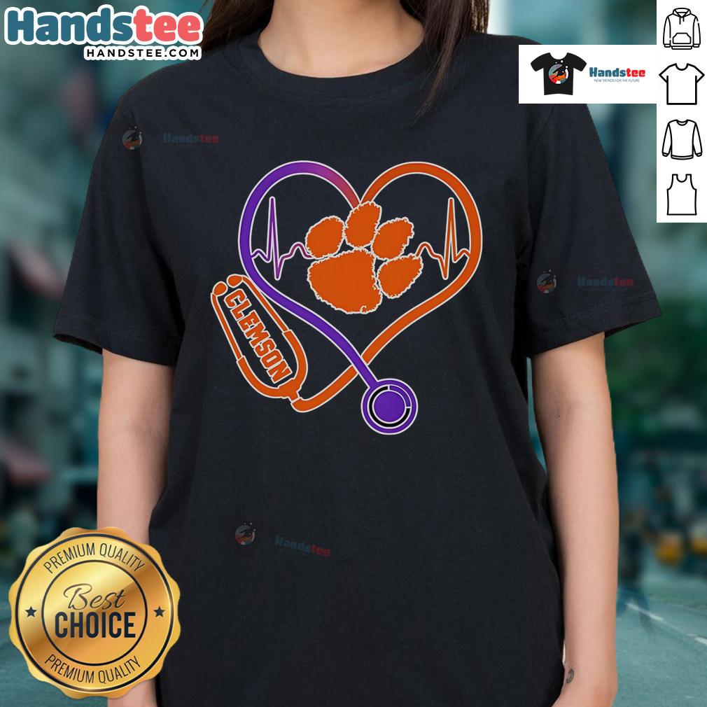 Nice Stethoscope Heart Clemson Tigers Ladies Tee featuring a vibrant design for healthcare and sports fans.