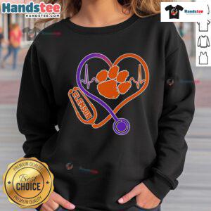 Clemson Tigers sweatshirt featuring a stethoscope and heart design, perfect for medical students and fans.