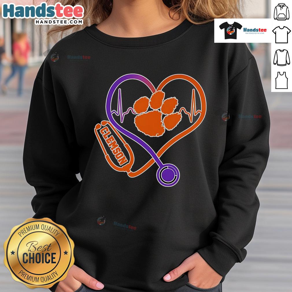 Clemson Tigers sweatshirt featuring a stethoscope and heart design, perfect for medical students and fans.