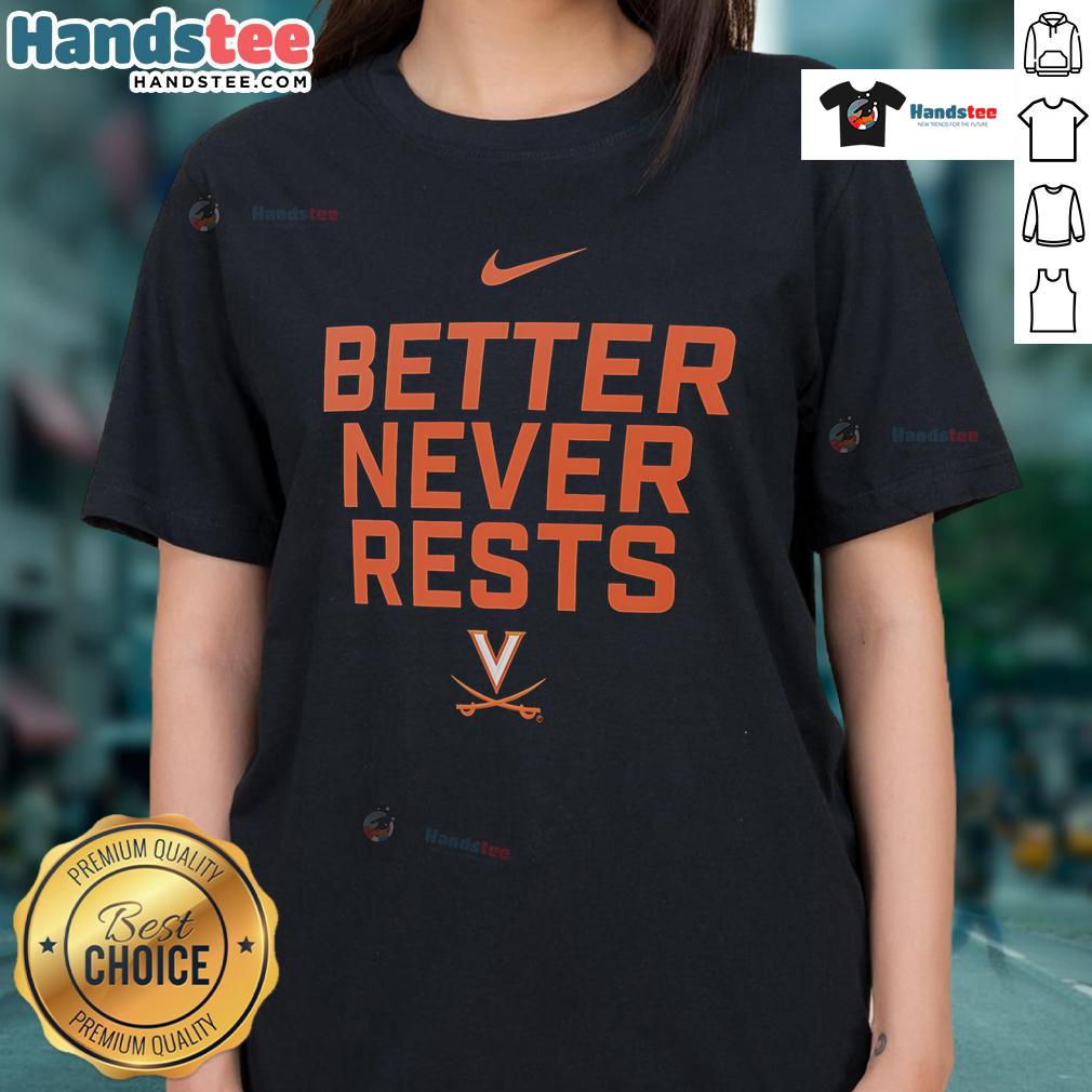 Alt Text: Nice Virginia Cavaliers Better Never Rests ladies tee in navy blue, perfect for fans showcasing team spirit.