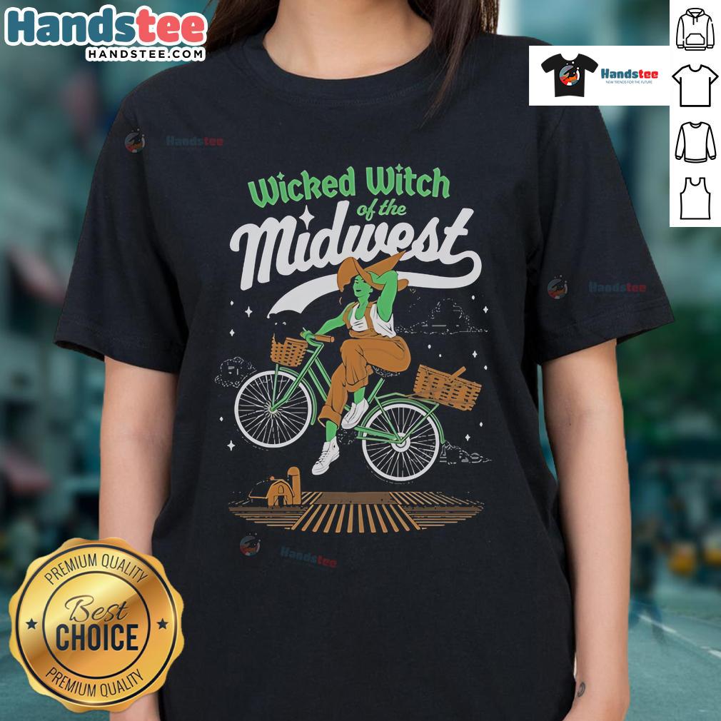 Nice Wicked Witch of the Midwest Ladies Tee featuring a stylish graphic design perfect for Halloween and casual wear.