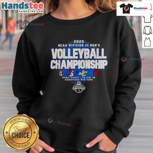 Alt Text: Official 2025 NCAA DIII Men's Volleyball Championship sweatshirt featuring team logos and event graphics.