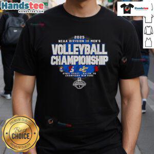 Official 2025 NCAA DIII Men's Volleyball Championship T-shirt featuring logos of the four competing teams.