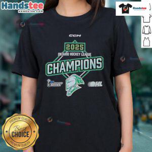 Alt Text: 2025 OHL Ontario Hockey League Championship ladies tee featuring team logo and stylish design for fans.