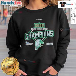 Official 2025 OHL Ontario Hockey League Championship Sweatshirt in navy blue with logo, perfect for fans and players.