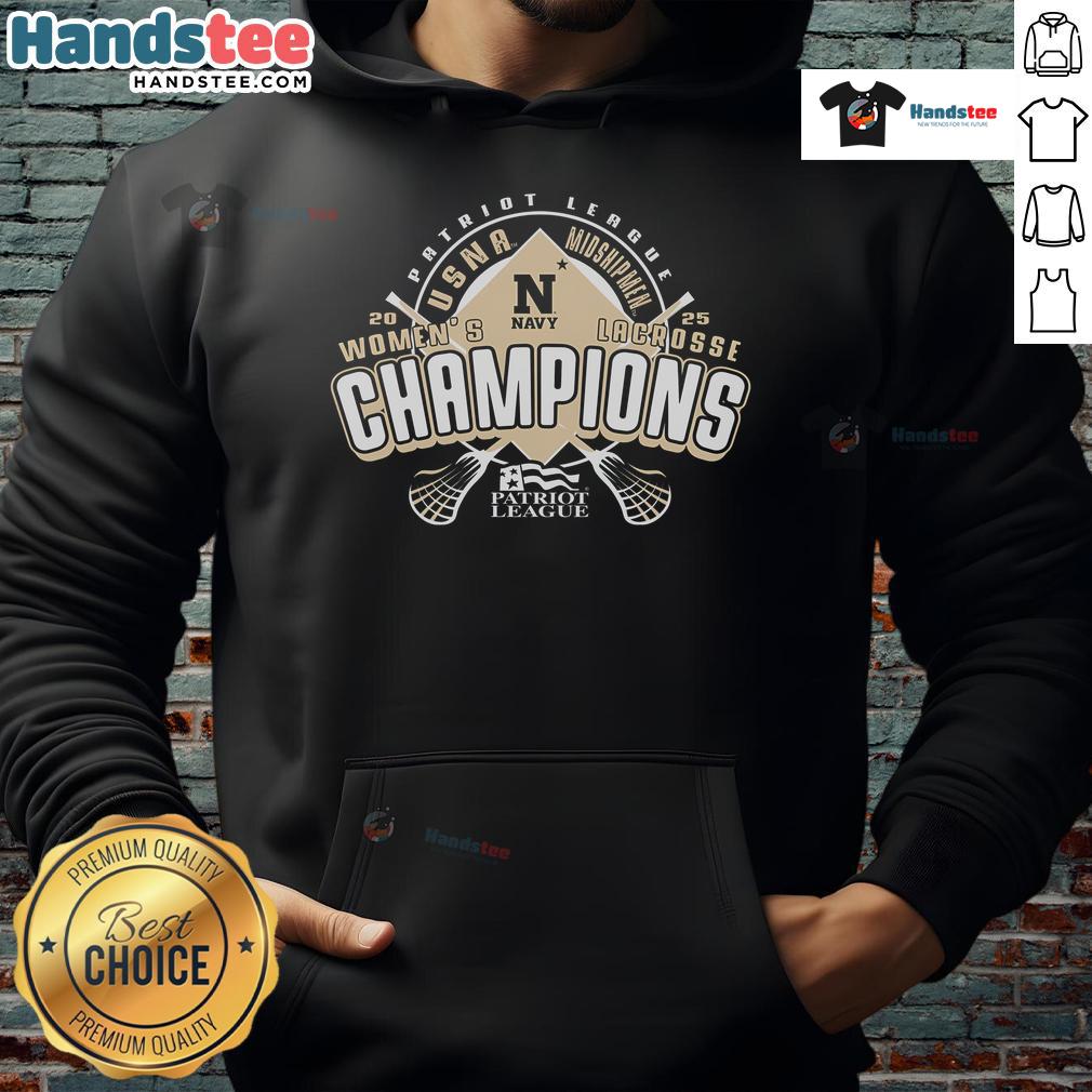 Official 2025 Patriot League Women's Lacrosse Tournament Champions hoodie showcasing team spirit and pride.