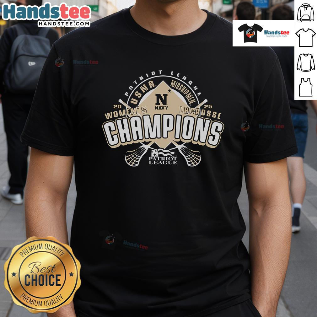 2025 Patriot League Women's Lacrosse Tournament Champions T-Shirt featuring team colors and logo, perfect for fans.