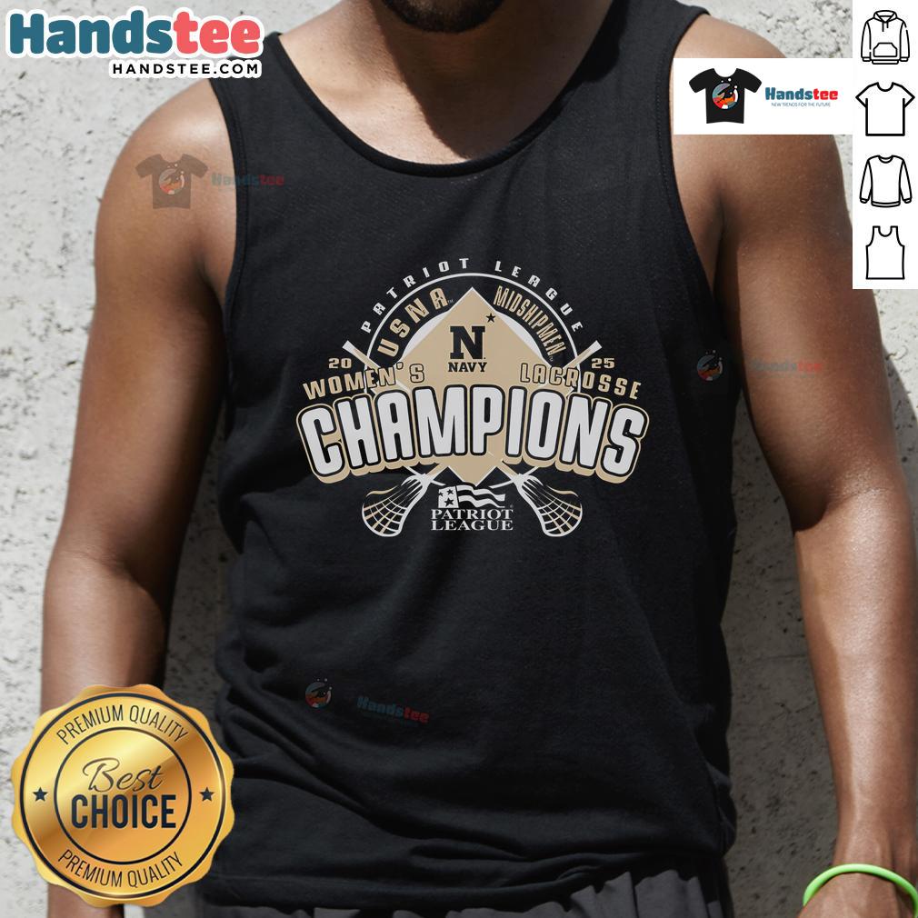 Official 2025 Patriot League Women's Lacrosse Tournament Champions tank top featuring team logo and vibrant design.