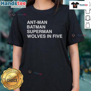 Alt Text: Official Ant-Man, Batman, and Superman graphic on a stylish Wolves in Five ladies tee for superhero fans.