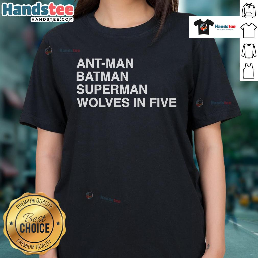 Alt Text: Official Ant-Man, Batman, and Superman graphic on a stylish Wolves in Five ladies tee for superhero fans.