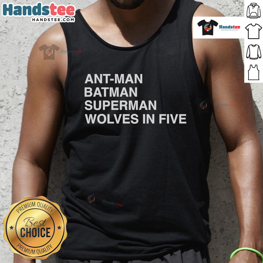 Official Ant-Man, Batman, Superman Wolves in Five tank top featuring superhero graphics and vibrant colors.