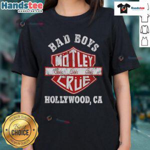 Official Bad Boys Motley Crue Hollywood CA ladies tee featuring iconic band logo and stylish design for fans.