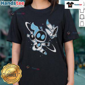 Official Bots In Space Astro Bot Ladies Tee featuring a colorful space design and a stylish fit for women.