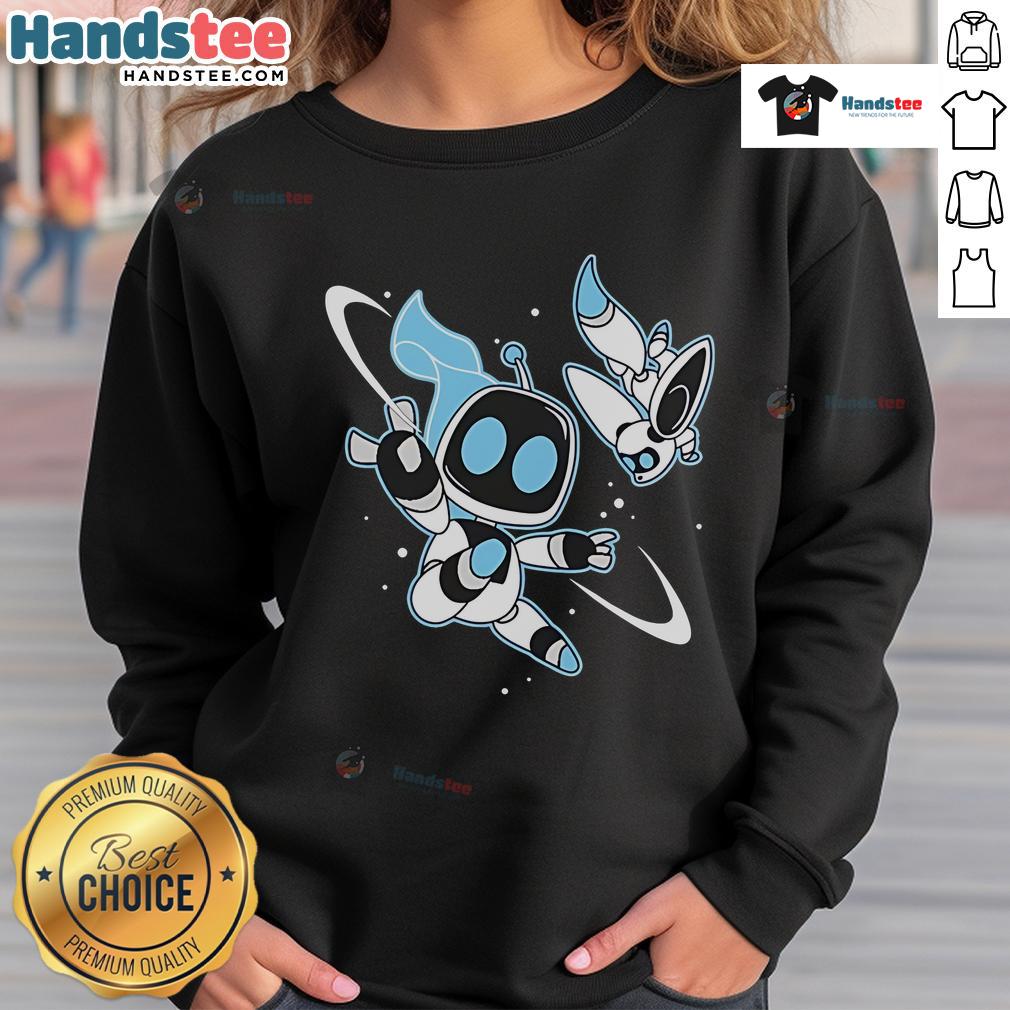 Official Bots In Space Astro Bot Sweatshirt featuring a vibrant space-themed design and cozy fit for fans.