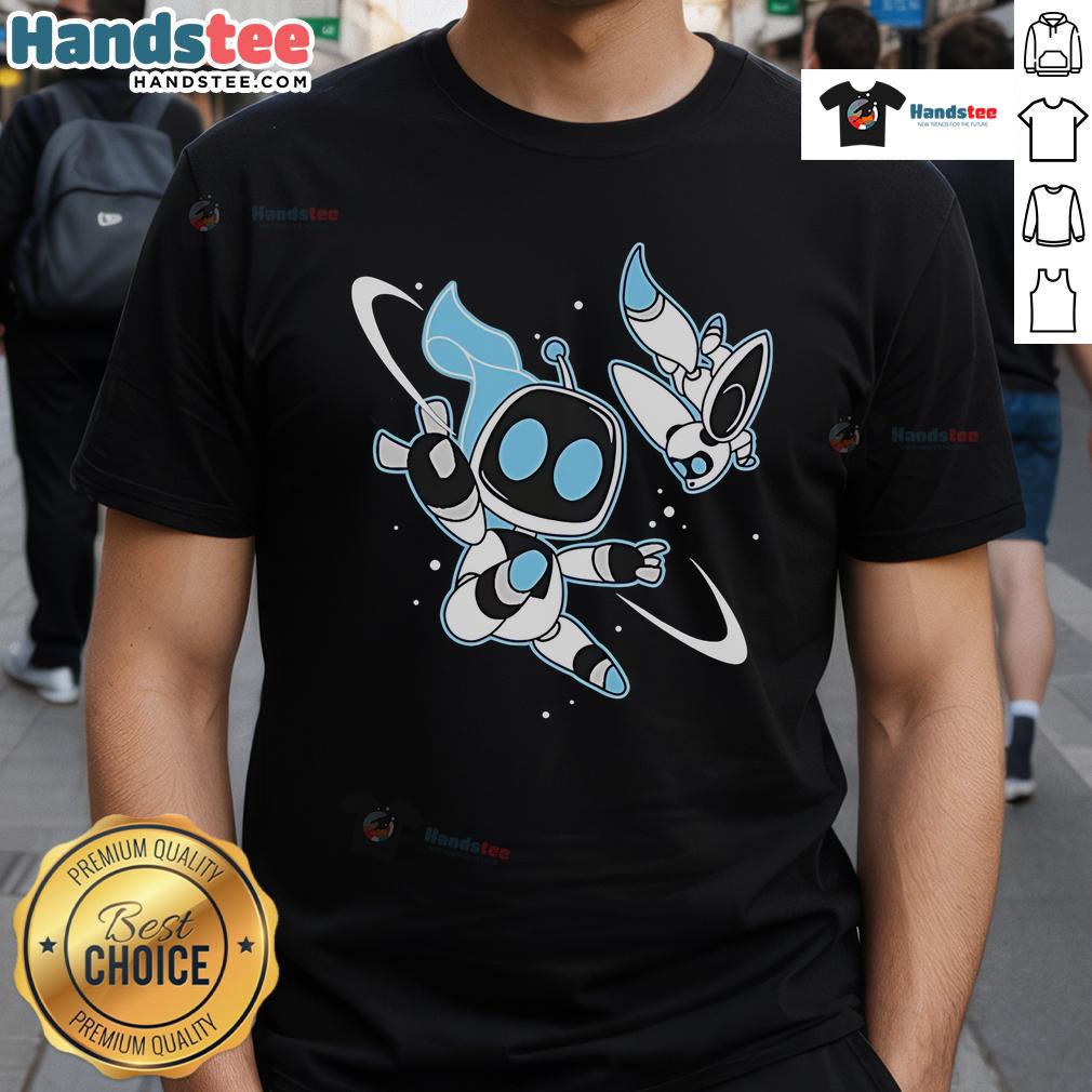 Official Bots In Space Astro Bot T-Shirt featuring a vibrant graphic of an astronaut robot in a cosmic background.