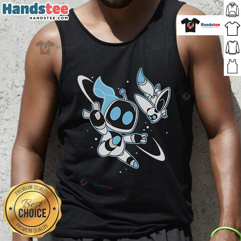 Official Bots In Space Astro Bot Tank Top featuring a vibrant space-themed design for fans of sci-fi apparel.