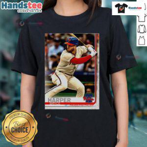 Official Bryce Harper Philadelphia Phillies 2019 Topps baseball card featured on a ladies tee shirt.