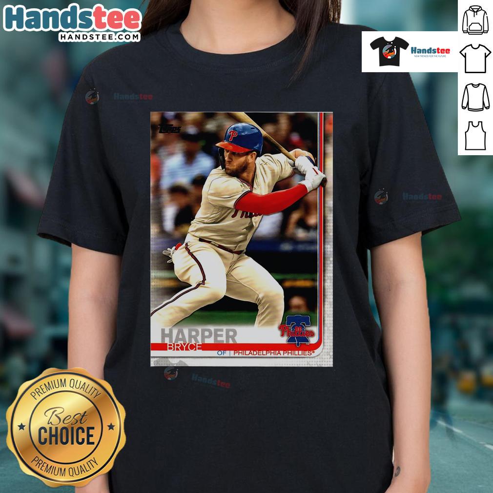Official Bryce Harper Philadelphia Phillies 2019 Topps baseball card featured on a ladies tee shirt.