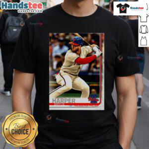 Official Bryce Harper Philadelphia Phillies 2019 Topps baseball card design featured on a stylish player t-shirt.