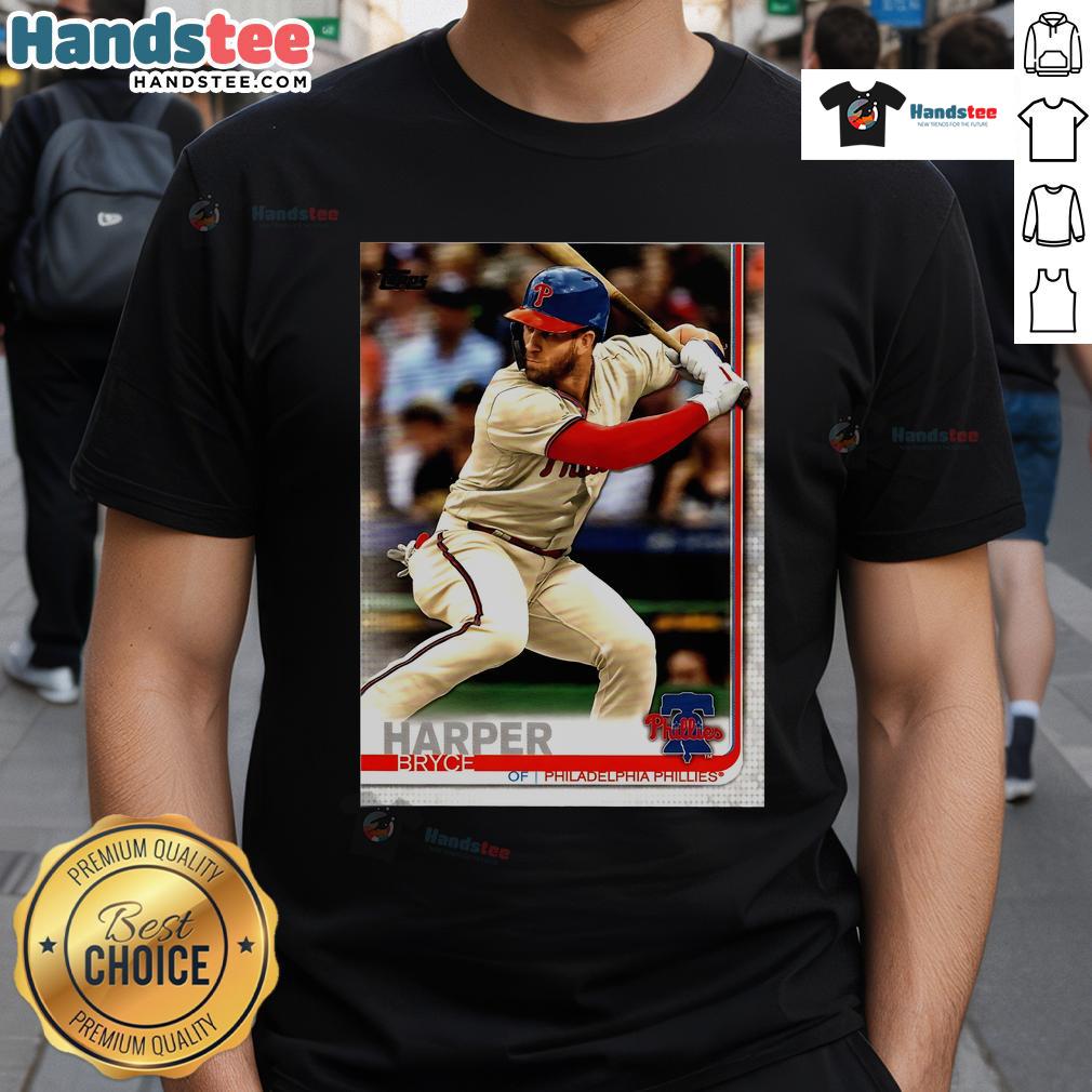 Official Bryce Harper Philadelphia Phillies 2019 Topps baseball card design featured on a stylish player t-shirt.