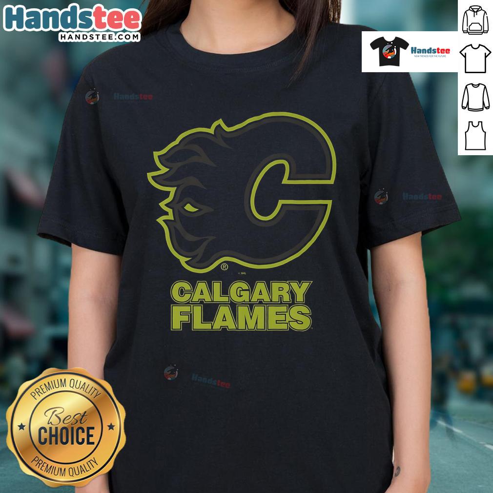 Official Calgary Flames Highlight Reel Ladies Tee showcasing team colors and logo for passionate fans.