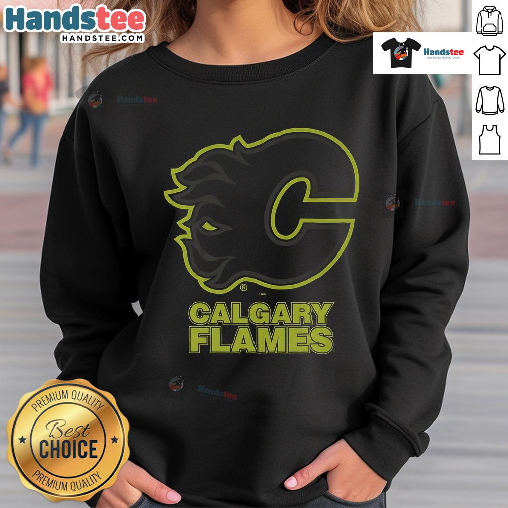 Official Calgary Flames highlight reel sweatshirt showcasing team logo and vibrant design for fans and players.