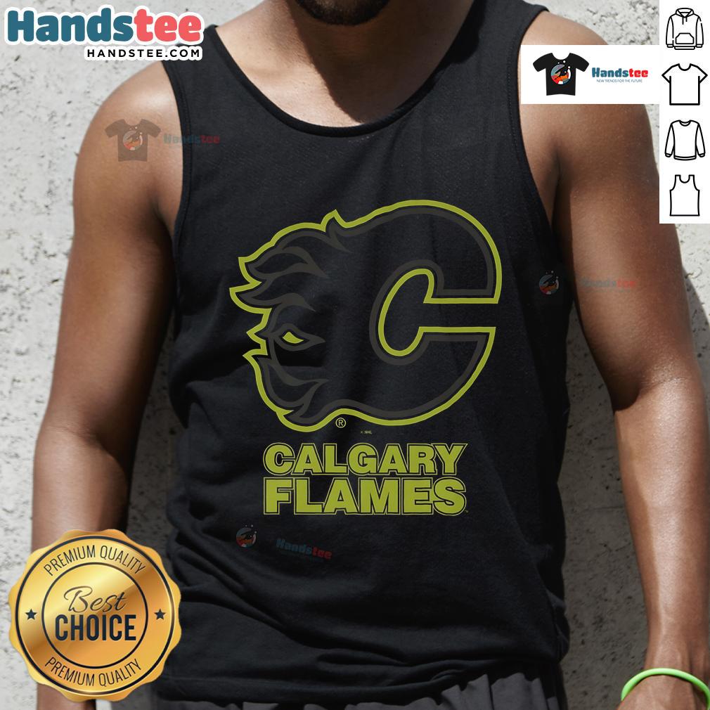 Official Calgary Flames Highlight Reel Tank Top showcasing team logo and vibrant design for fans and sports enthusiasts.