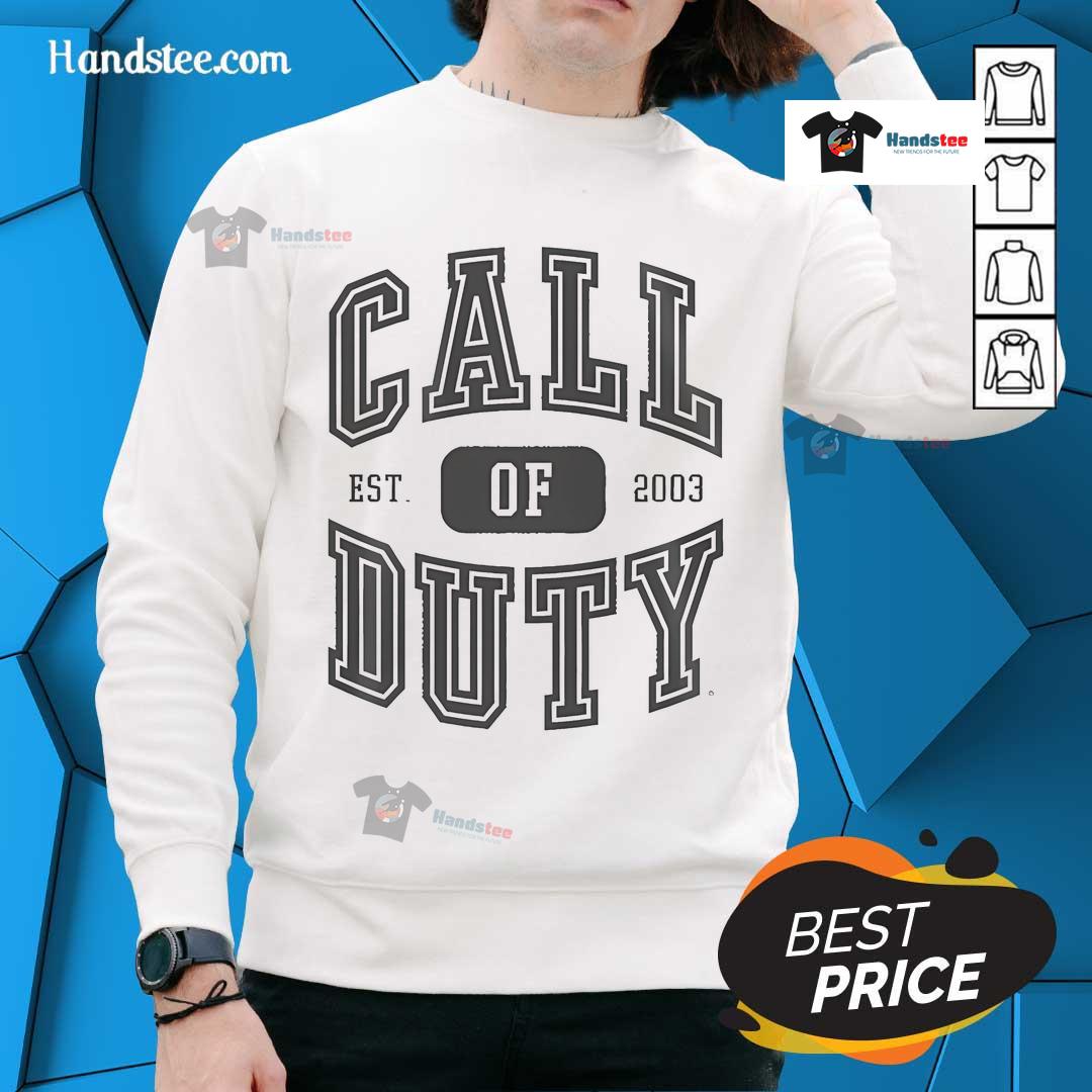 Official Call of Duty Alumnus Logo sweatshirt established 2003, showcasing gaming culture and stylish design.
