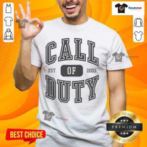 Alt Text: Official Call Of Duty Alumnus Logo T-Shirt, established 2003, featuring a bold graphic design and gaming theme.