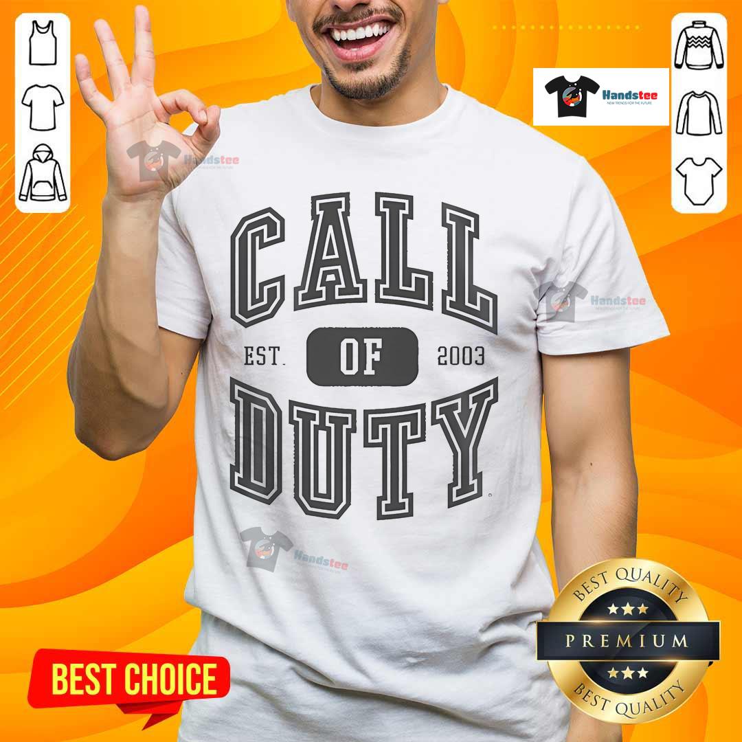 Alt Text: Official Call Of Duty Alumnus Logo T-Shirt, established 2003, featuring a bold graphic design and gaming theme.