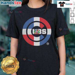 Alt Text: Official Chicago Cubs Dominican Republic Flag logo on a ladies' tee, perfect for fans celebrating their heritage.